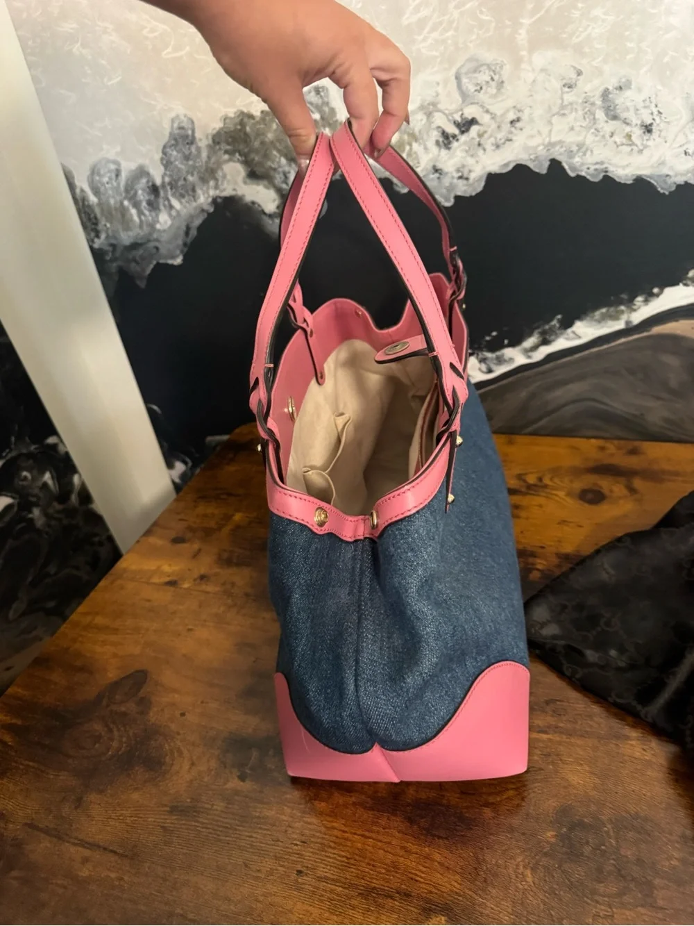 Gucci Denim Tote with Pink Leather Trim